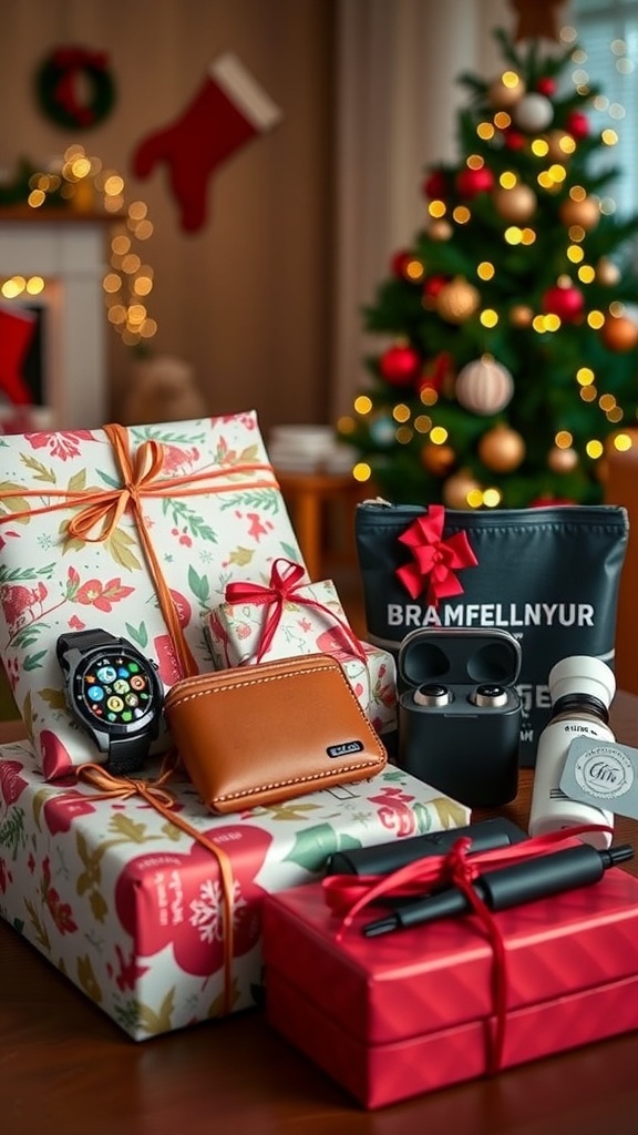 A collection of Christmas gifts for men including tech gadgets and personalized items, set in a festive living room.